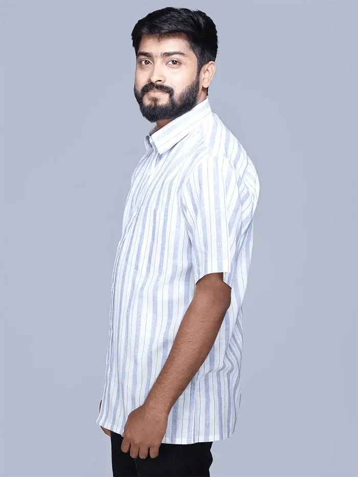 White Blue Handwoven Organic Cotton Striped Men Shirt - WeaversIndia