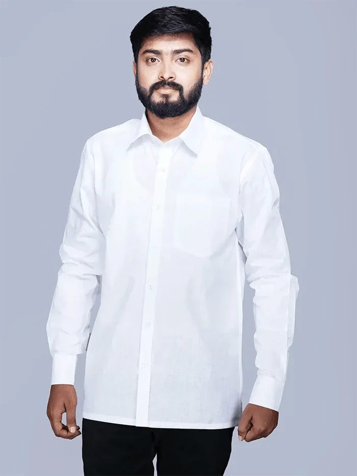White Handwoven Organic Cotton Full Sleeves Men Shirt - WeaversIndia