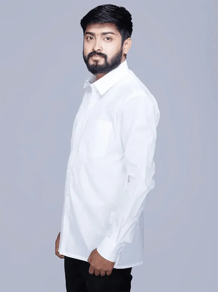 White Handwoven Organic Cotton Full Sleeves Men Shirt - WeaversIndia