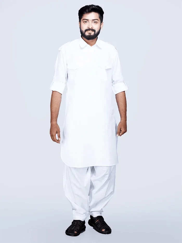 White Organic Cotton Men Pathani Kurta Pajama Set