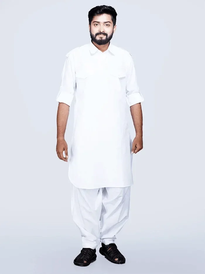 White Organic Cotton Men Pathani Kurta Pajama Set - WeaversIndia