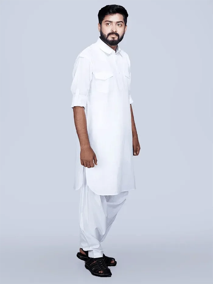 White Organic Cotton Men Pathani Kurta Pajama Set - WeaversIndia
