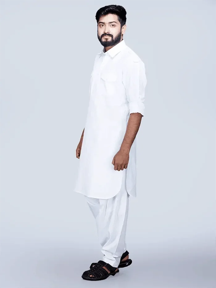 White Organic Cotton Men Pathani Kurta Pajama Set - WeaversIndia
