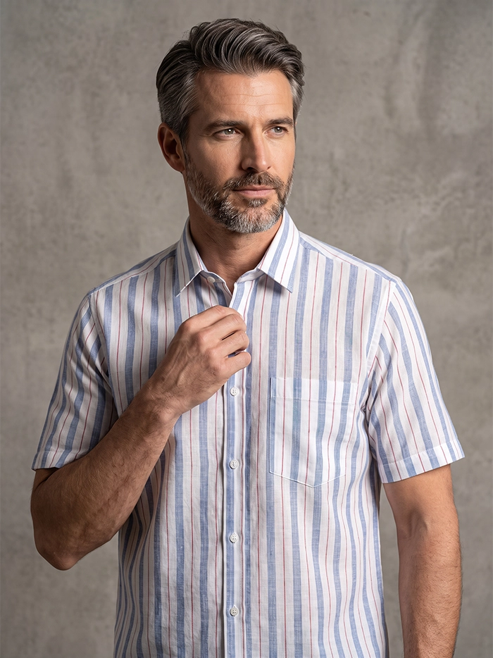 White Blue Handwoven Organic Cotton Striped Men Shirt