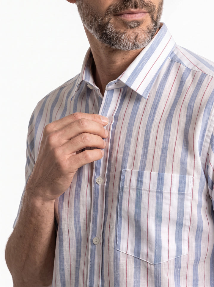 White Blue Handwoven Organic Cotton Striped Men Shirt