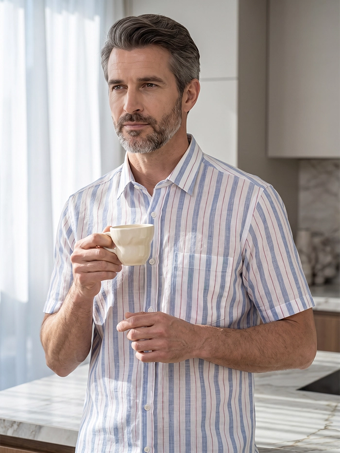 White Blue Handwoven Organic Cotton Striped Men Shirt