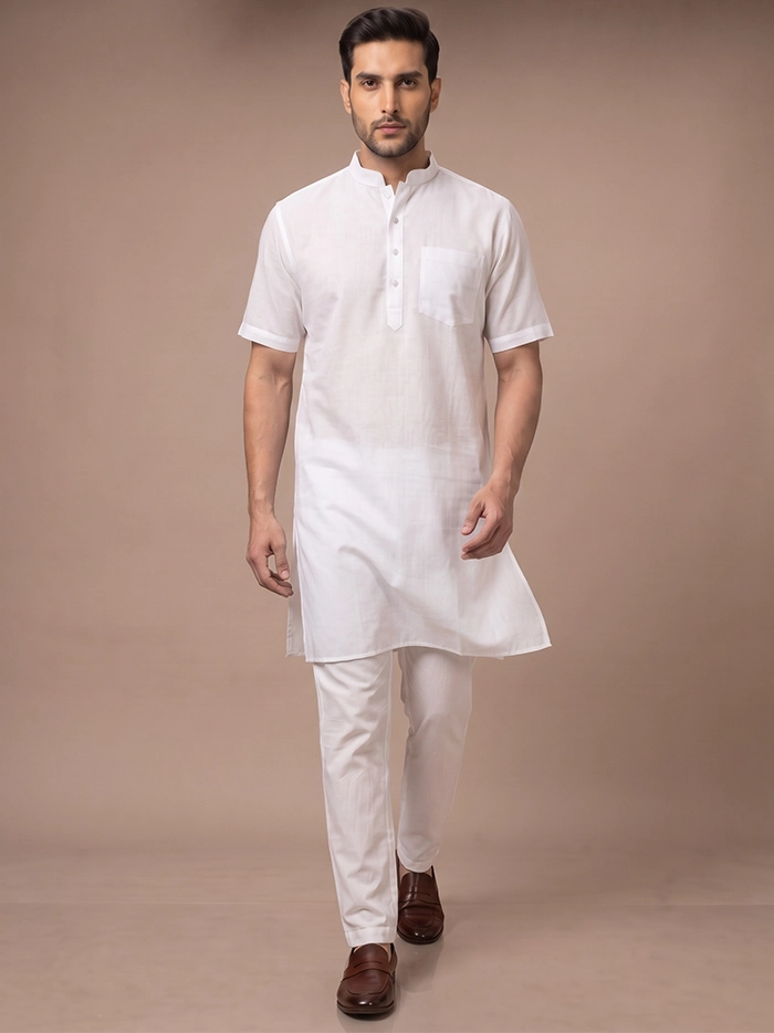 150 Count Fine Muslin Half Sleeves White Men Kurta