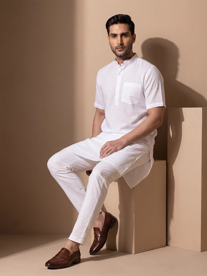 150 Count Fine Muslin Half Sleeves White Men Kurta