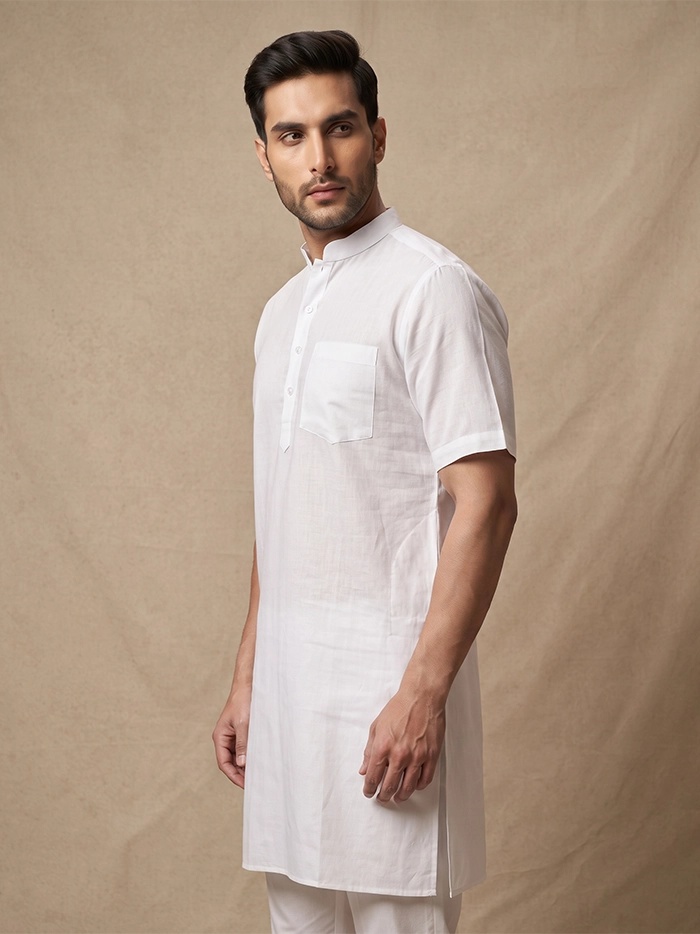 150 Count Fine Muslin Half Sleeves White Men Kurta