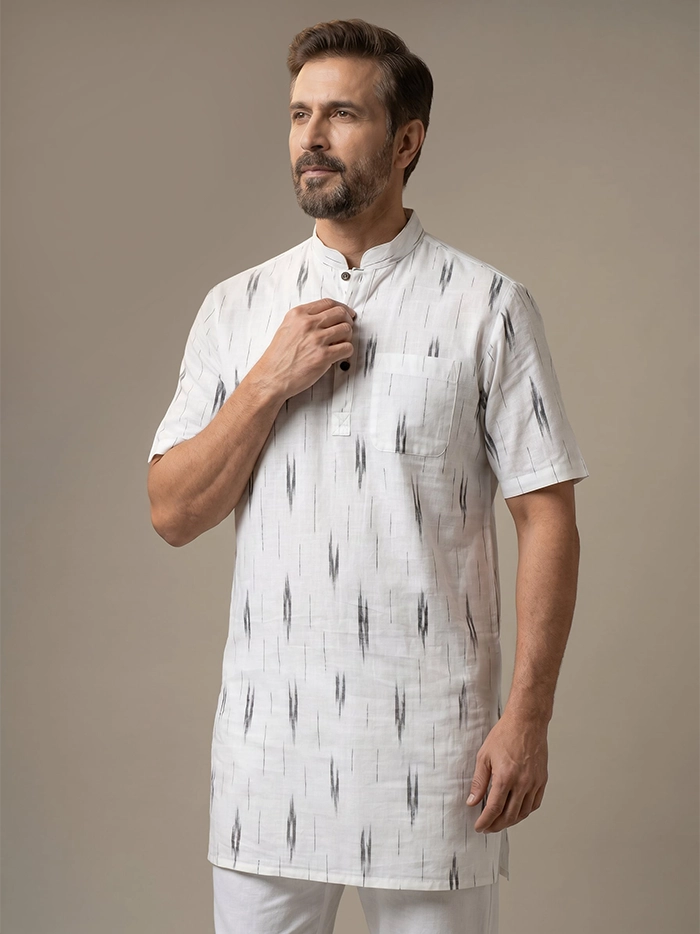 White Organic Cotton Rocket Ikkat Half Sleeves Men Kurta