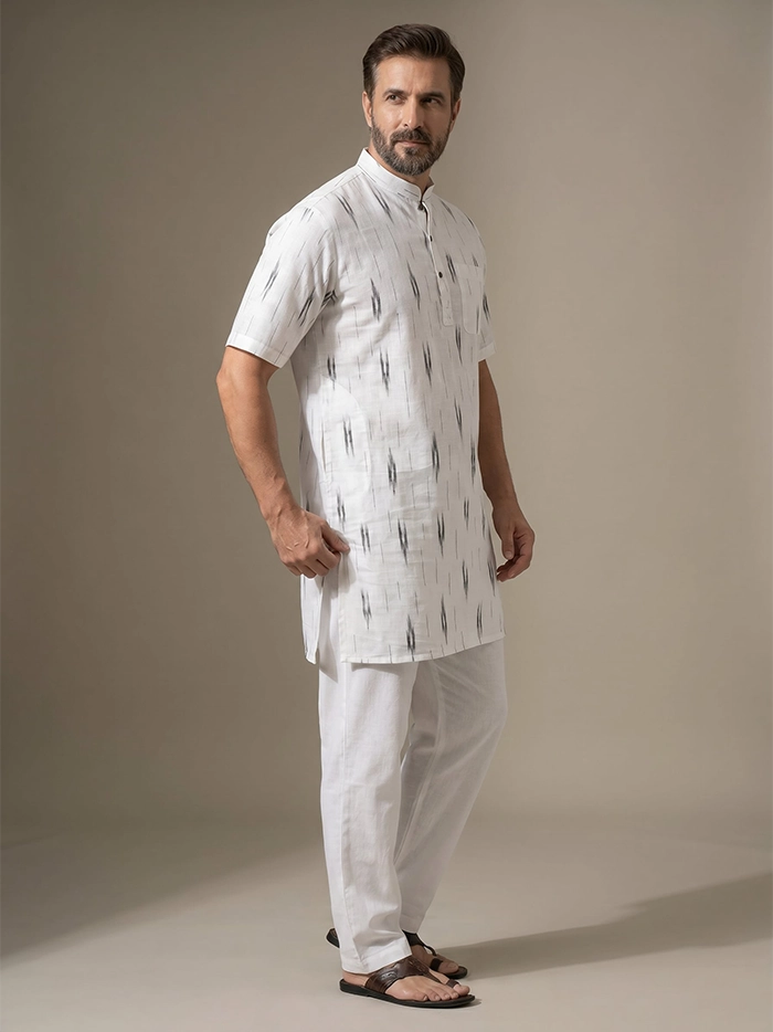 White Organic Cotton Rocket Ikkat Half Sleeves Men Kurta