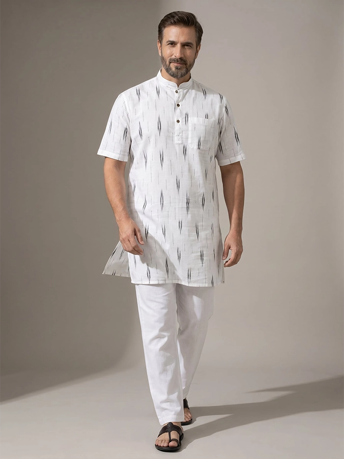 White Organic Cotton Rocket Ikkat Half Sleeves Men Kurta