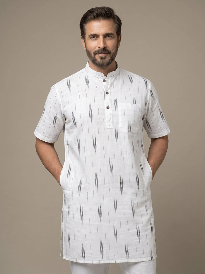 White Organic Cotton Rocket Ikkat Half Sleeves Men Kurta