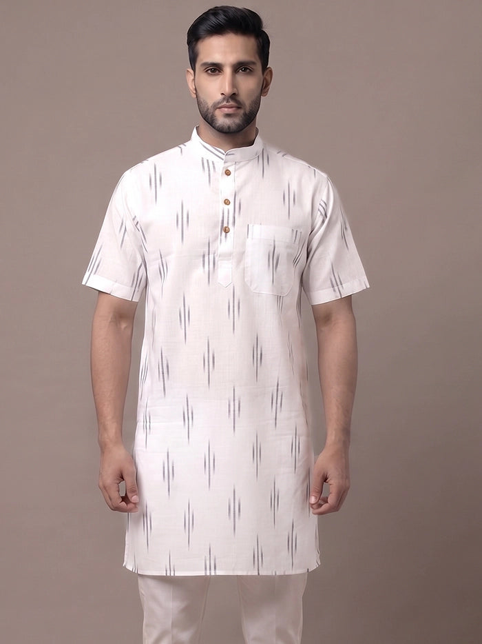 White Organic Cotton Vertical Line Ikkat Half Sleeves Men Kurta