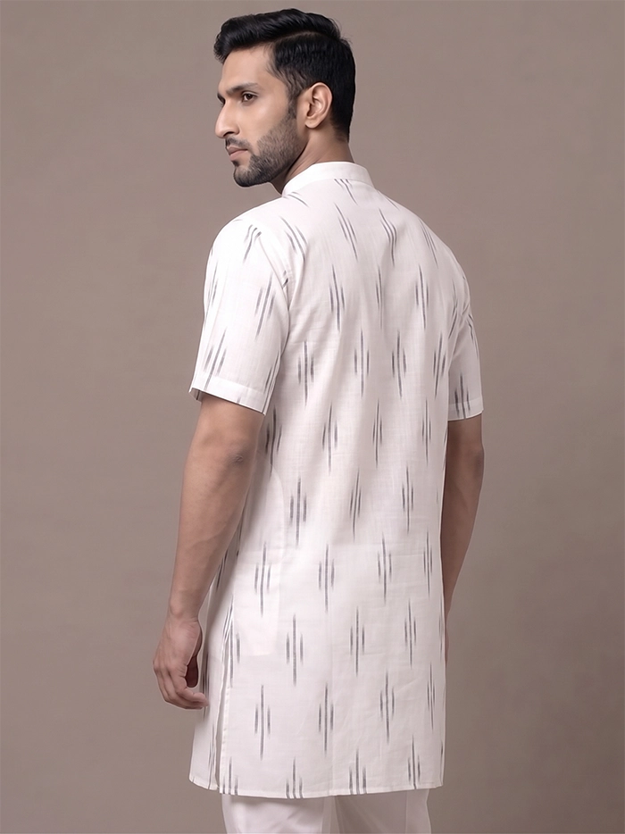White Organic Cotton Vertical Line Ikkat Half Sleeves Men Kurta