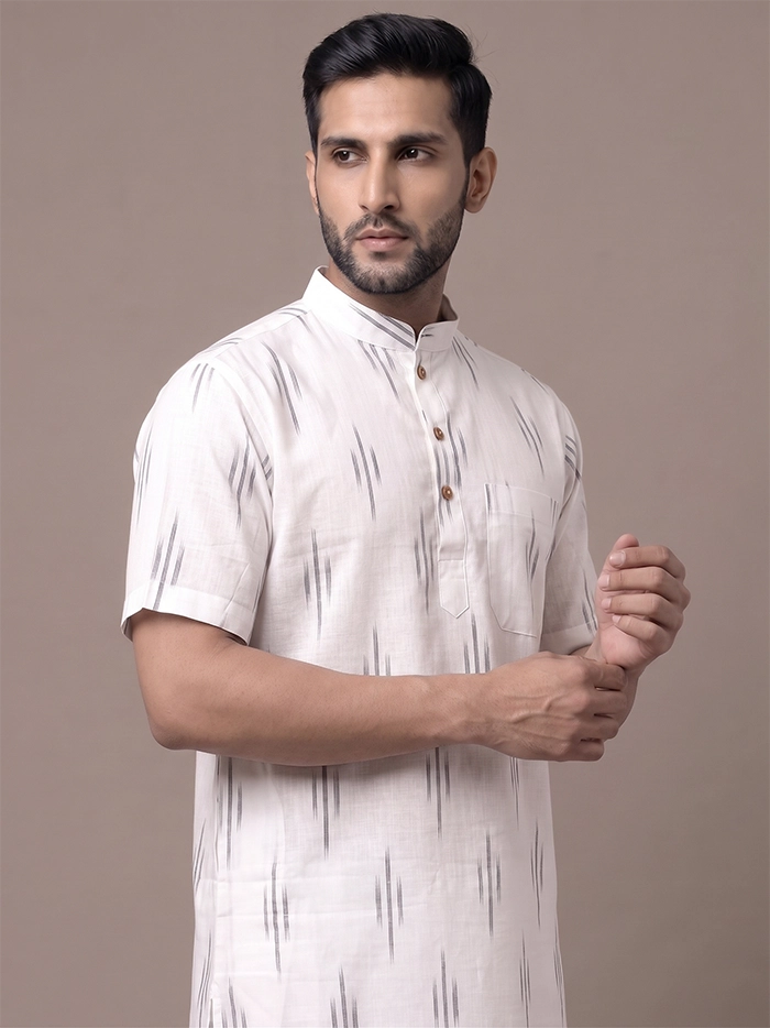 White Organic Cotton Vertical Line Ikkat Half Sleeves Men Kurta