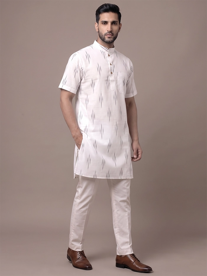 White Organic Cotton Vertical Line Ikkat Half Sleeves Men Kurta