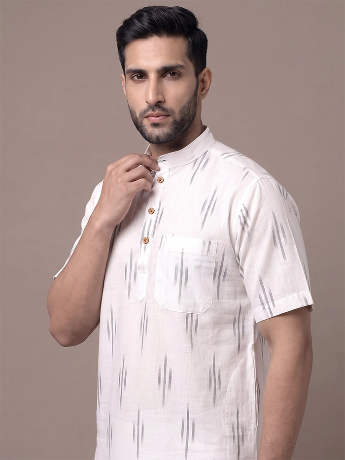 White Organic Cotton Vertical Line Ikkat Half Sleeves Men Kurta