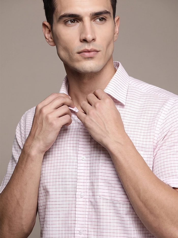 White Organic Fine Muslin Orange Striped Half Sleeves Men Shirt