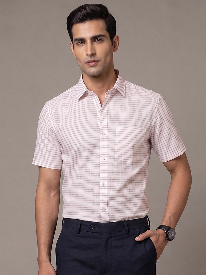 White Organic Fine Muslin Orange Striped Half Sleeves Men Shirt