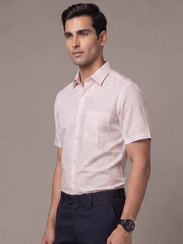 White Organic Fine Muslin Orange Striped Half Sleeves Men Shirt