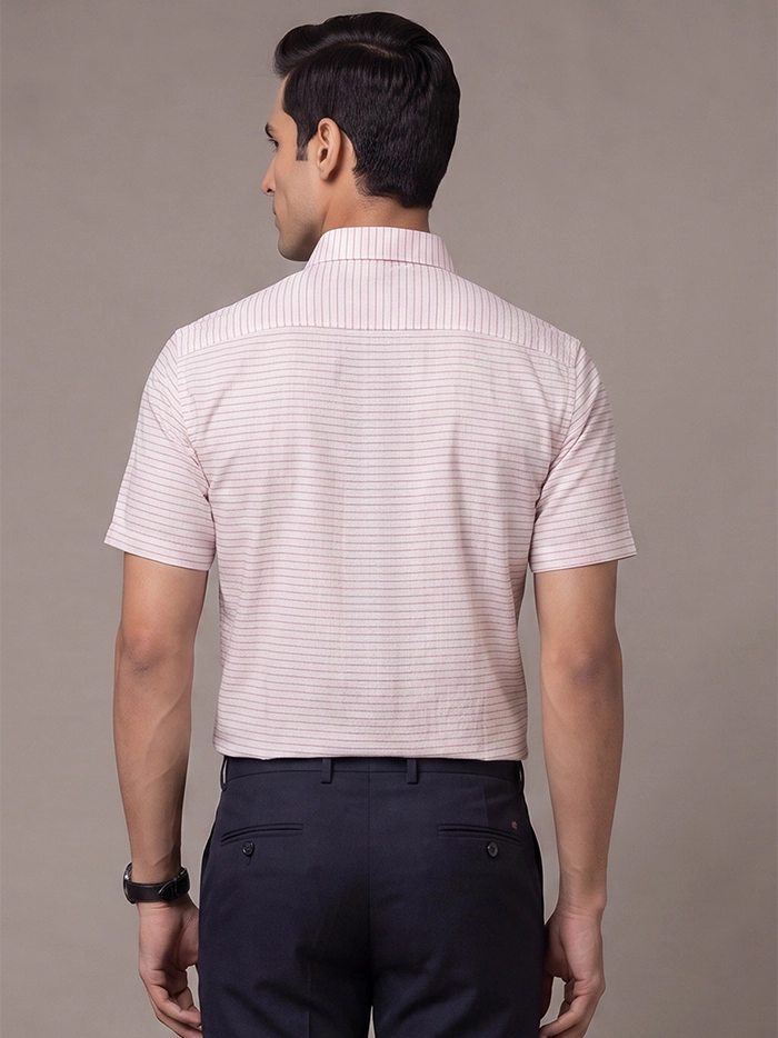 White Organic Fine Muslin Orange Striped Half Sleeves Men Shirt