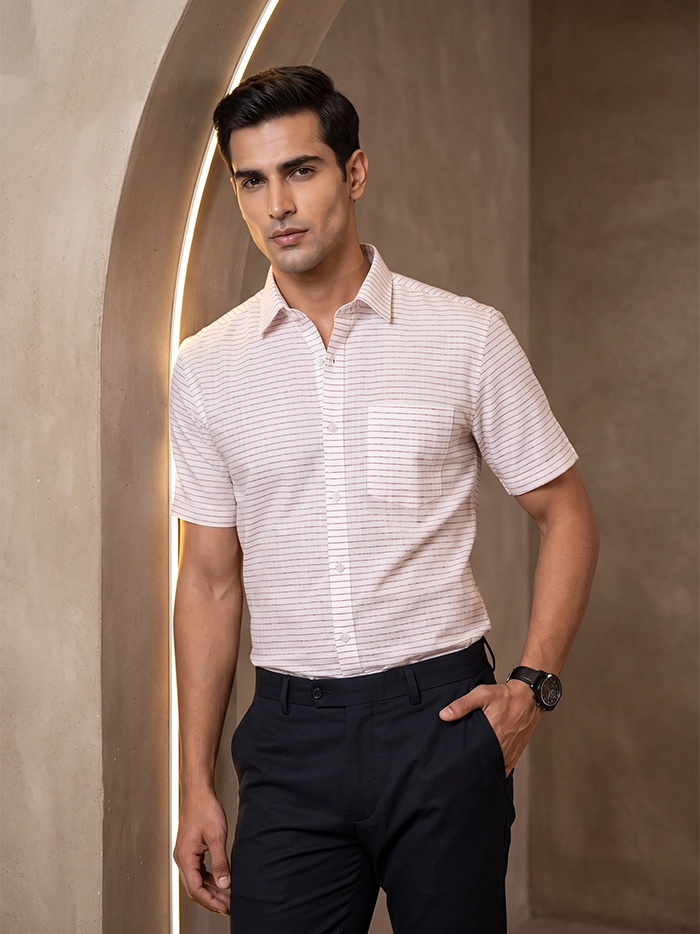 White Organic Fine Muslin Orange Striped Half Sleeves Men Shirt