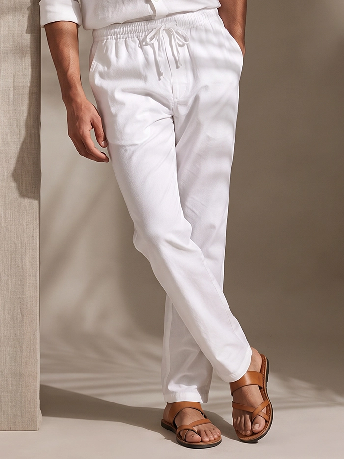 White Viscose Cotton Fitted Pajama – Zip &amp; Side Pocket