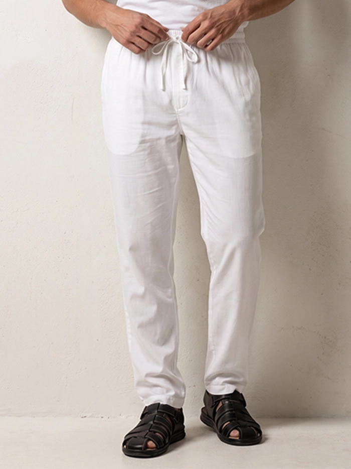 White Viscose Cotton Fitted Pajama – Zip &amp; Side Pocket