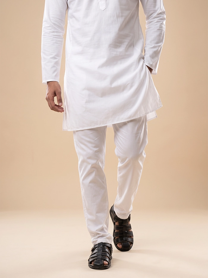 White Viscose Cotton Fitted Pajama – Zip &amp; Side Pocket