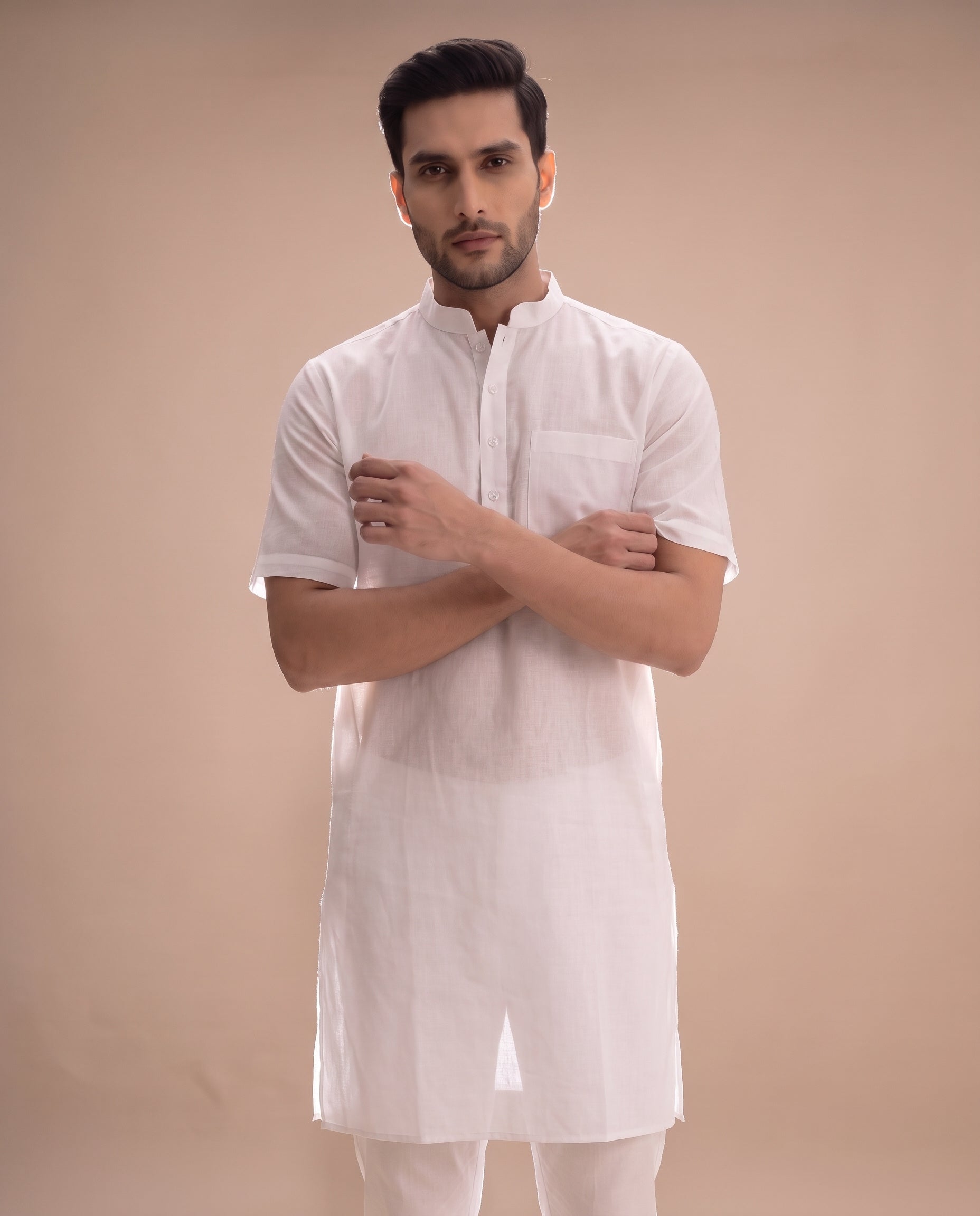 150 Count Fine Muslin Half Sleeves White Men Kurta