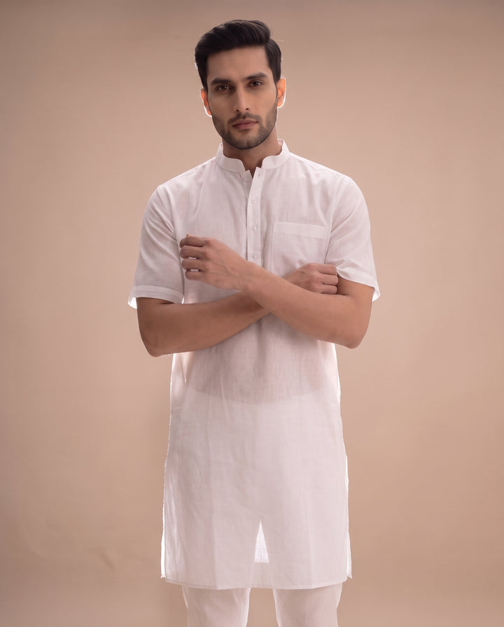 150 Count Fine Muslin Half Sleeves White Men Kurta