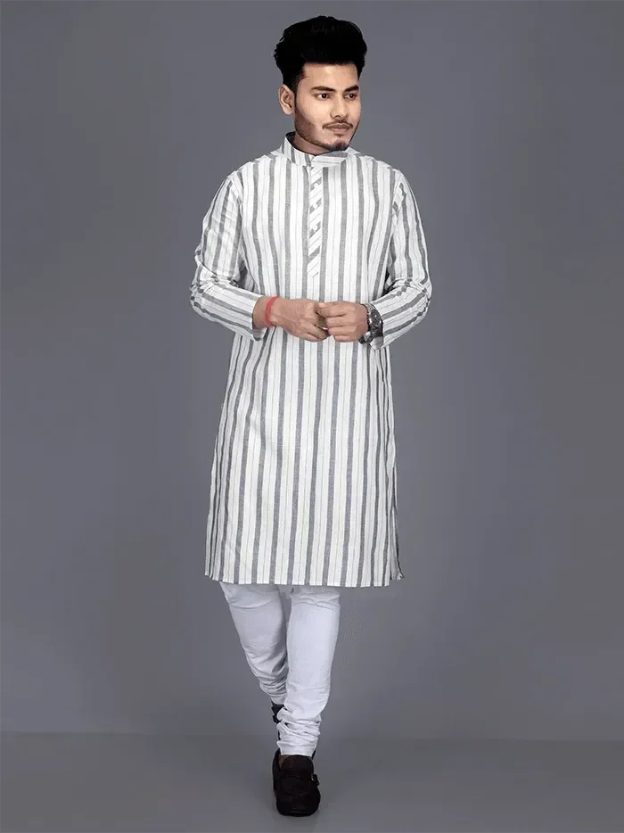 Woven Striped Slim Fit Handwoven Cotton Men Kurta - WeaversIndia