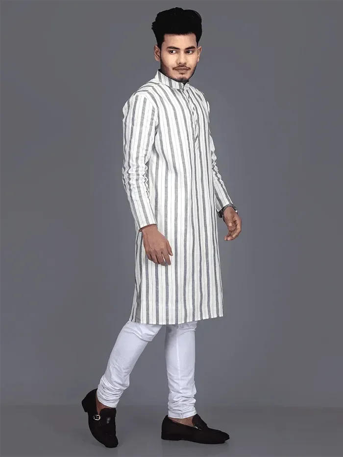 Woven Striped Slim Fit Handwoven Cotton Men Kurta - WeaversIndia