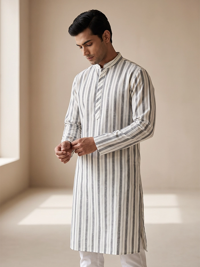 Woven Striped Slim Fit Handwoven Cotton Men Kurta