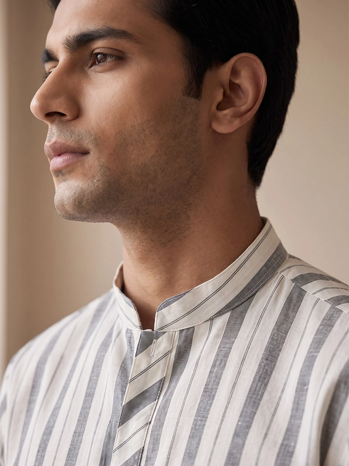 Woven Striped Slim Fit Handwoven Cotton Men Kurta