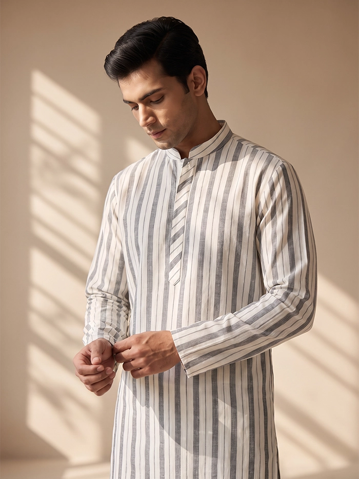 Woven Striped Slim Fit Handwoven Cotton Men Kurta