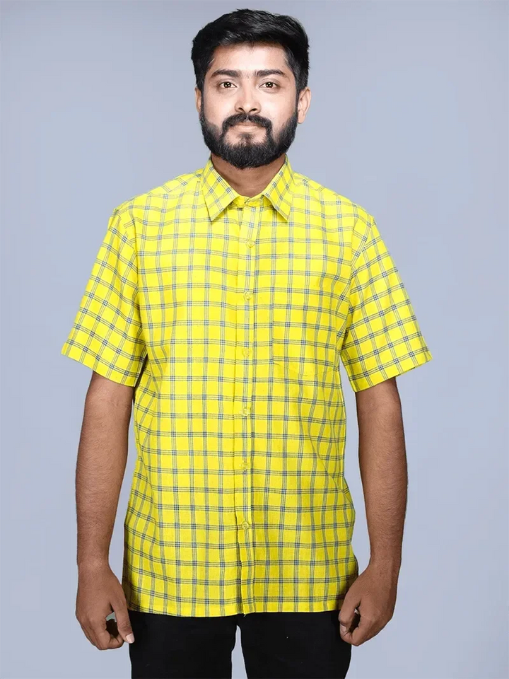 Yellow Handwoven Organic Cotton Checks Fitted Men Shirt - WeaversIndia
