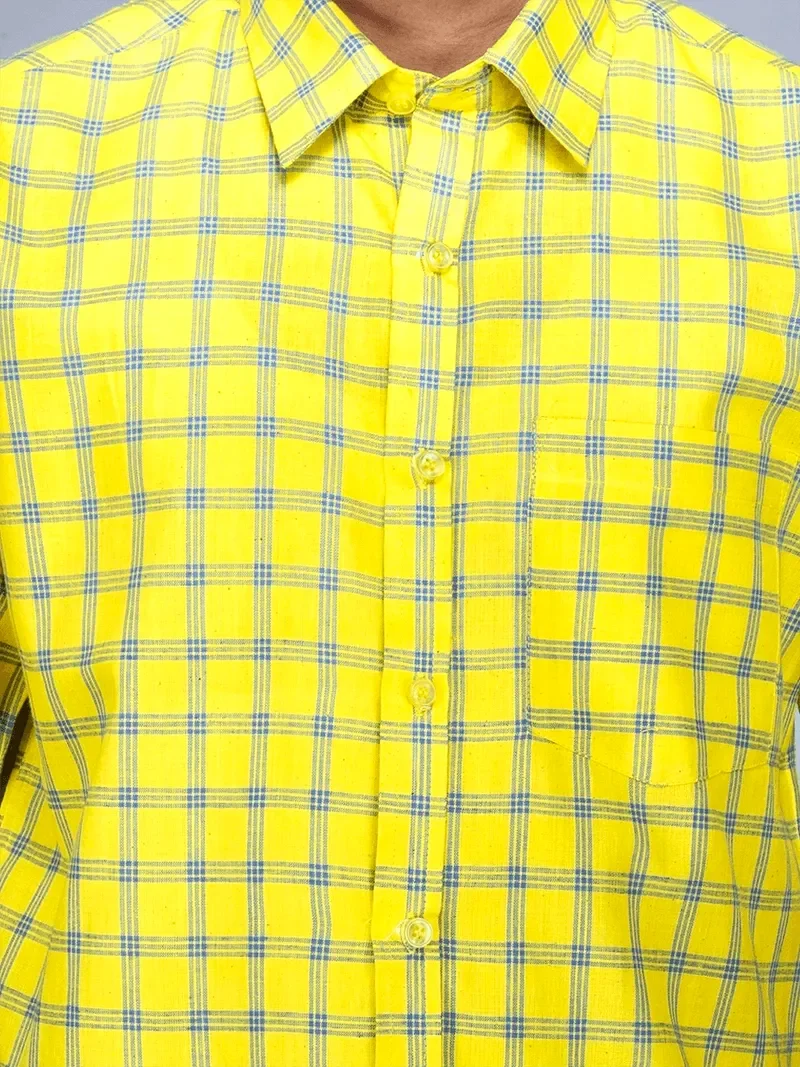 Yellow Handwoven Organic Cotton Checks Fitted Men Shirt - WeaversIndia