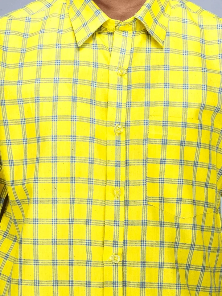 Yellow Handwoven Organic Cotton Checks Fitted Men Shirt - WeaversIndia