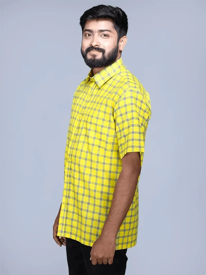 Yellow Handwoven Organic Cotton Checks Fitted Men Shirt - WeaversIndia