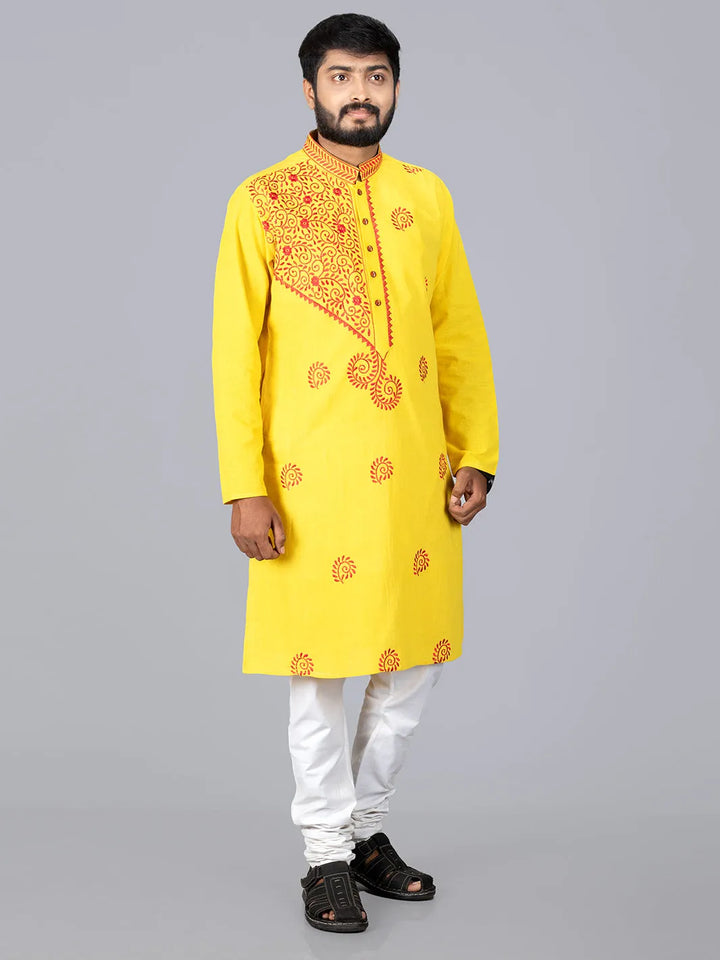 Yellow Handwoven Organic Cotton Embroidered Men Kurta - WeaversIndia