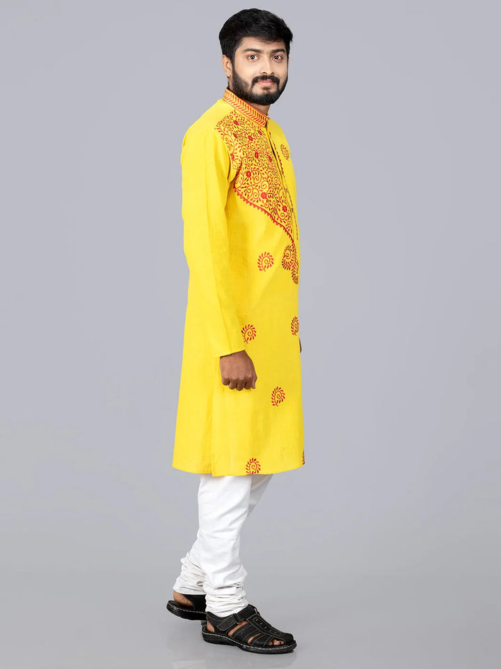 Yellow Handwoven Organic Cotton Embroidered Men Kurta - WeaversIndia
