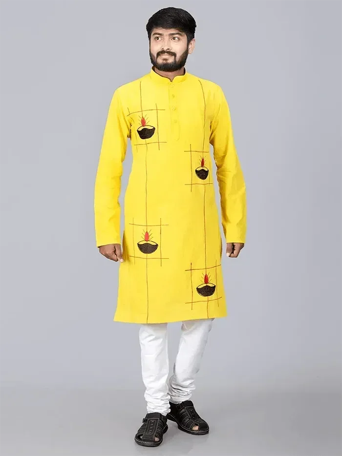 Yellow Handwoven Organic Cotton Embroidered Men Kurta - WeaversIndia