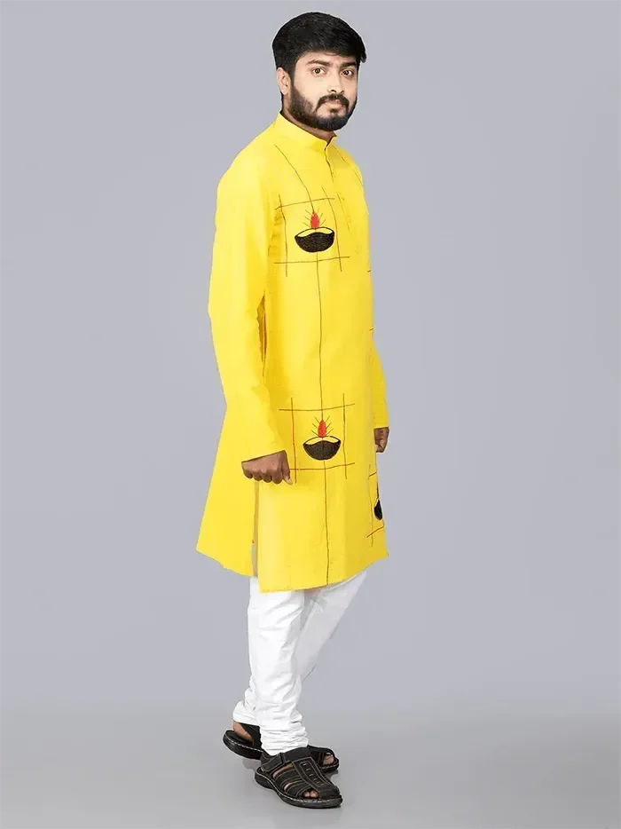 Yellow Handwoven Organic Cotton Embroidered Men Kurta - WeaversIndia