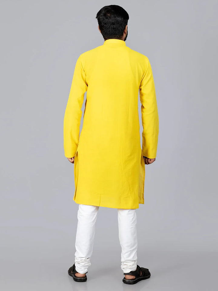 Yellow Handwoven Organic Cotton Embroidered Men Kurta - WeaversIndia