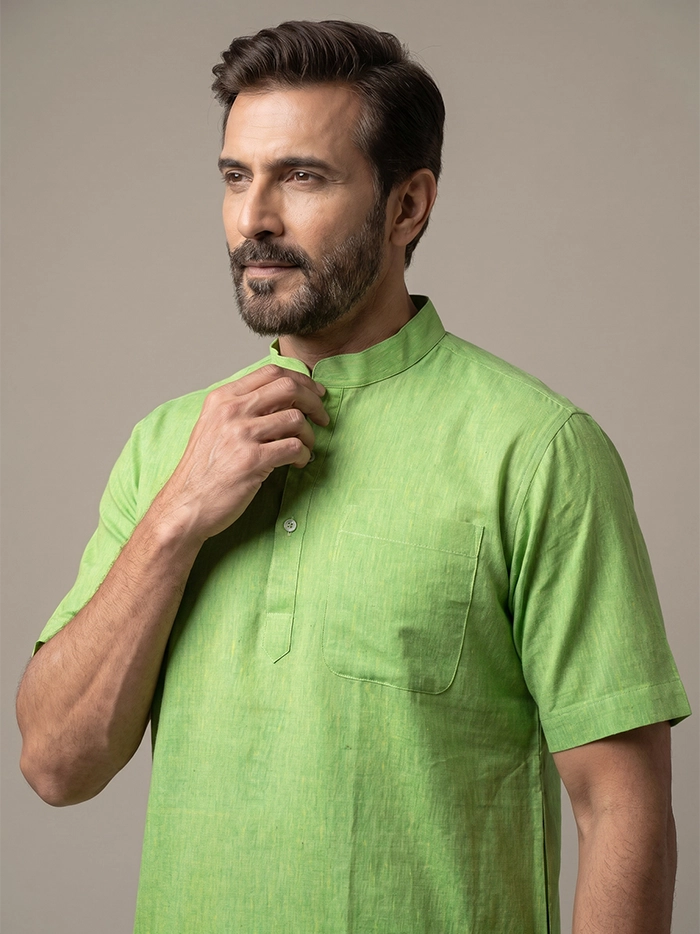 Yellow Green Organic Cotton Half Sleeves Men Kurta