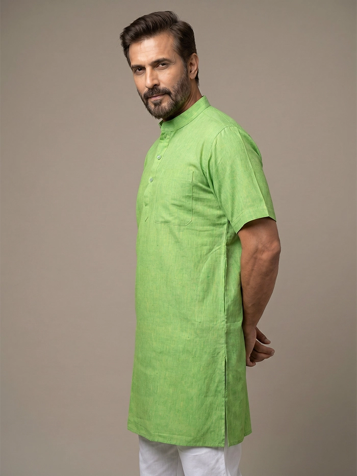 Yellow Green Organic Cotton Half Sleeves Men Kurta