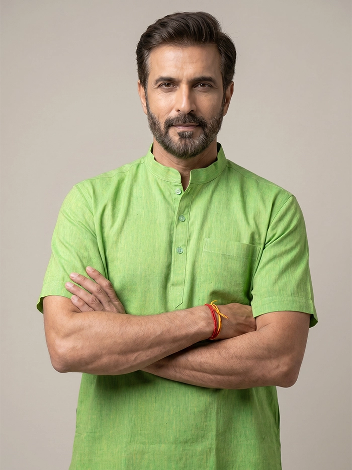 Yellow Green Organic Cotton Half Sleeves Men Kurta