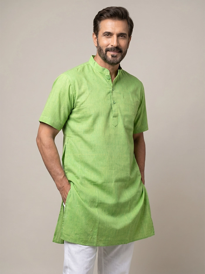 Yellow Green Organic Cotton Half Sleeves Men Kurta